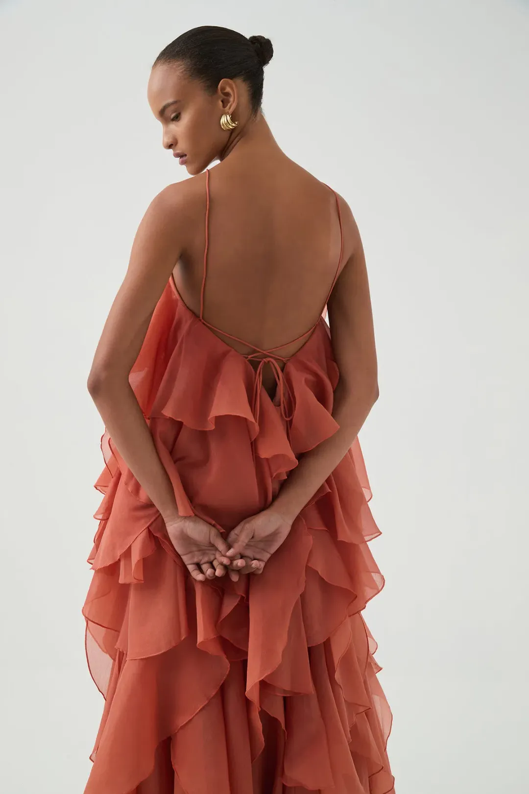 Aje Pandorea Layered Maxi Dress Coral Clay Size AU 10 for rent on The Volte - main image