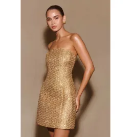 Meshki Gala Strapless Tweed Mini Dress Gold Size AU 8 for rent on The Volte - image 2
