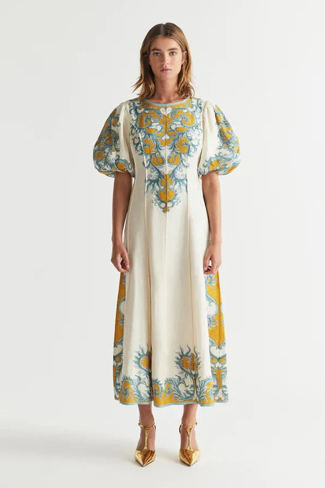 Antipodean Paloma Pin Tuck Dress in Dandelion and Steel Size 10 for rent on The Volte - main image