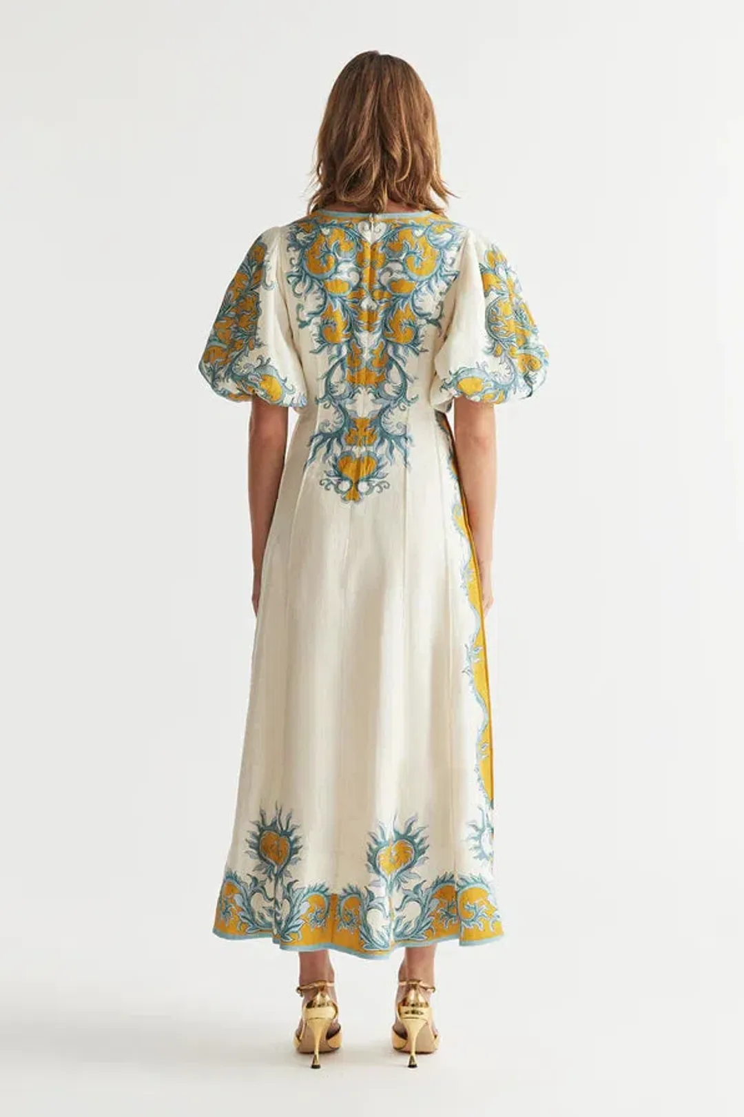 Antipodean Paloma Pin Tuck Dress in Dandelion and Steel Size 10 for rent on The Volte - main image