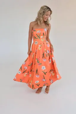 Leo Lin Lynn Bustier Midi Dress in Wild Flower in Coral Size 8 for rent on The Volte - image 1