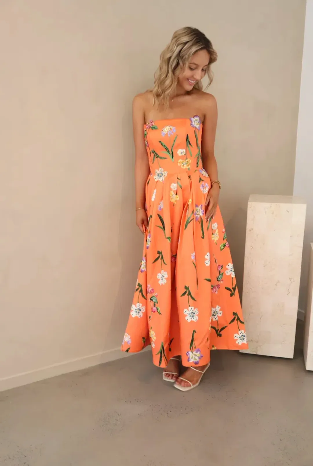 Leo Lin Lynn Bustier Midi Dress in Wild Flower in Coral Size 8 for rent on The Volte - main image