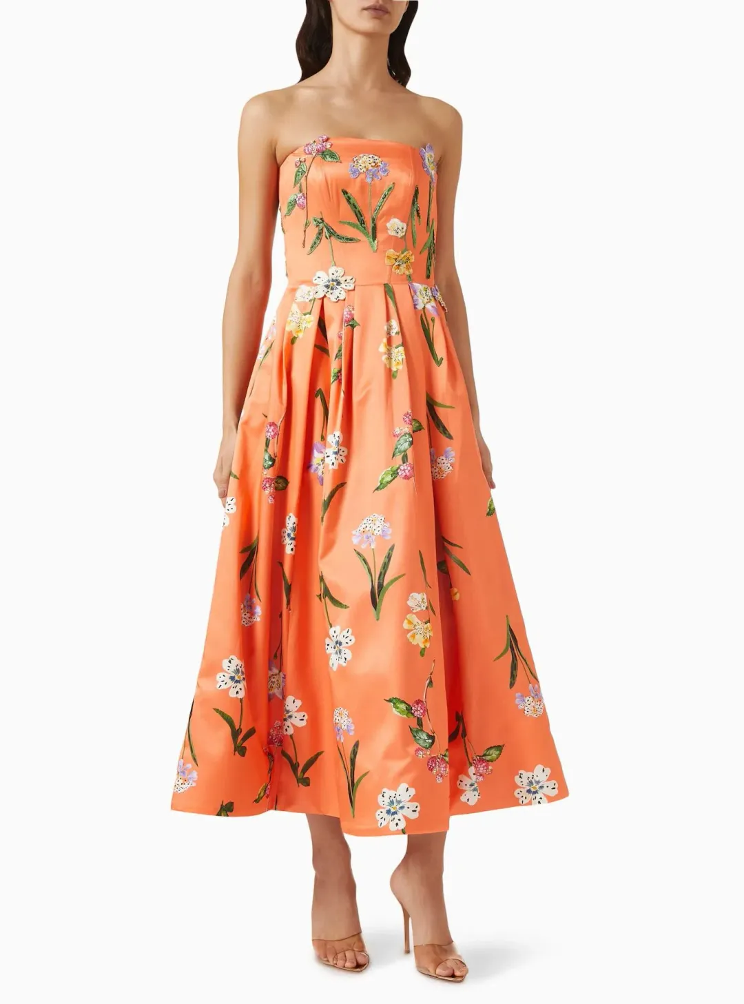 Leo Lin Lynn Bustier Midi Dress in Wild Flower in Coral Size 8 for rent on The Volte - main image