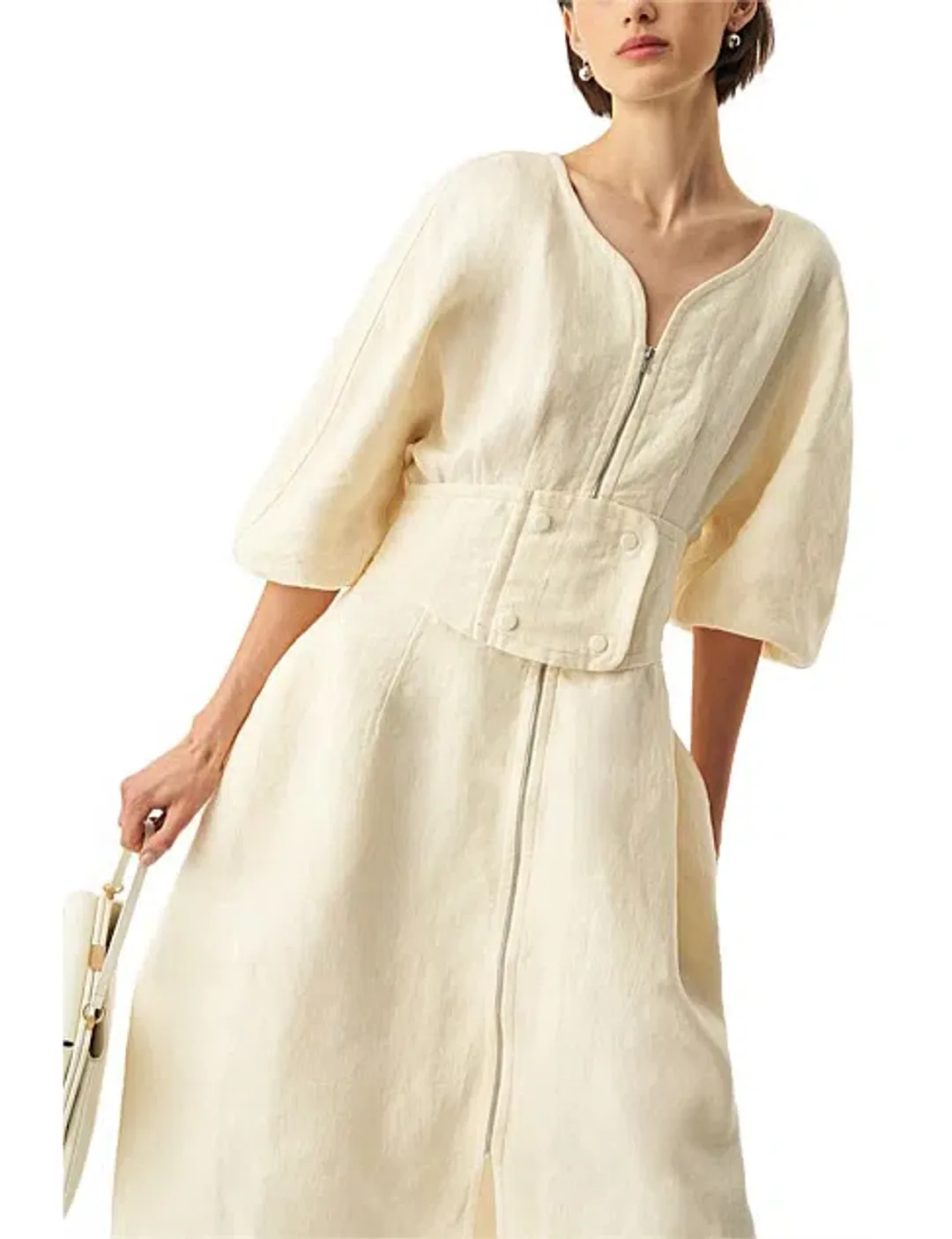 Oroton Full Sleeve Corset Midi Dress Cream Size AU 6 for rent on The Volte - main image
