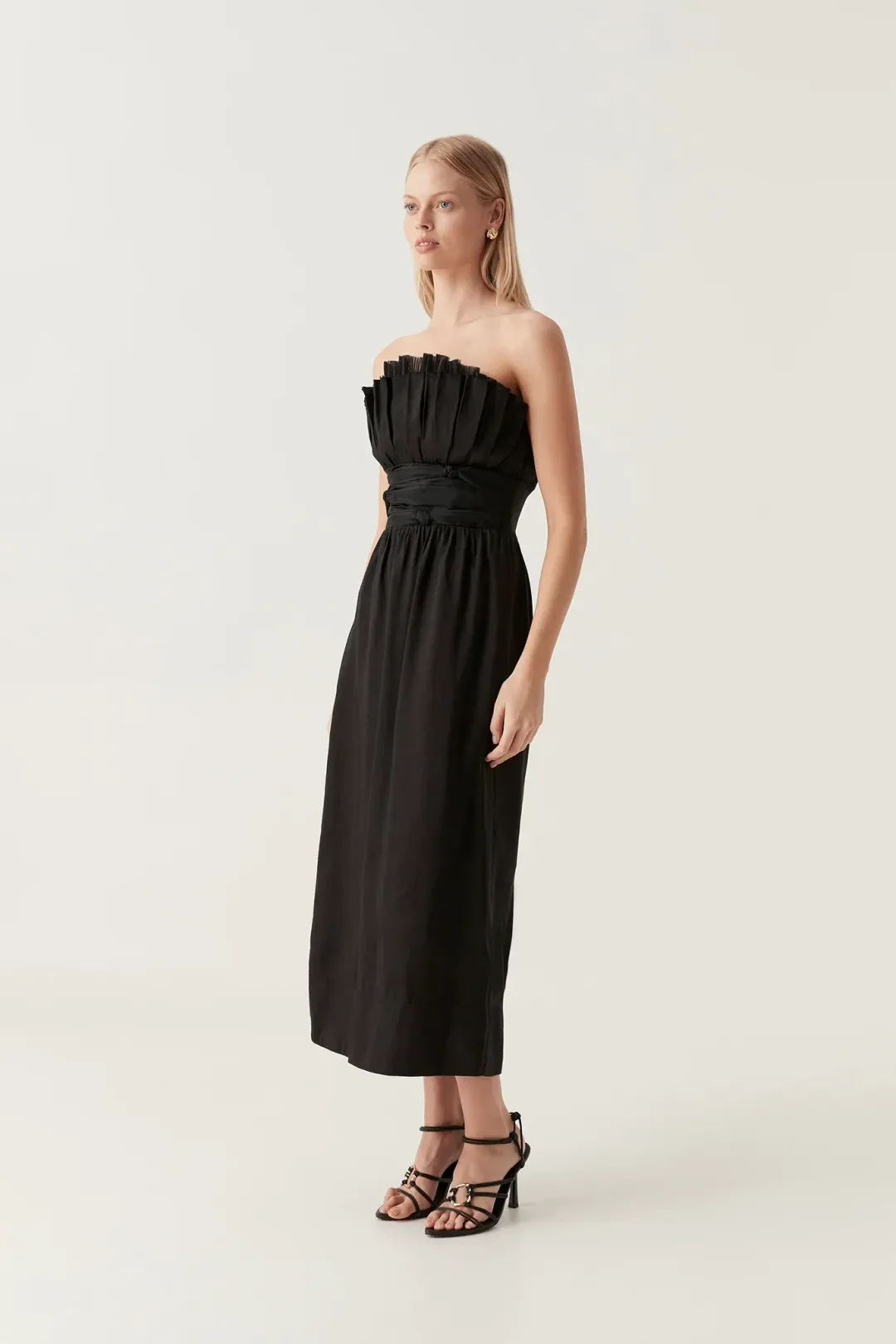 AJE Black Whisper Knot Strapless Ruffle Midi Dress AU 8 for rent on The Volte - main image