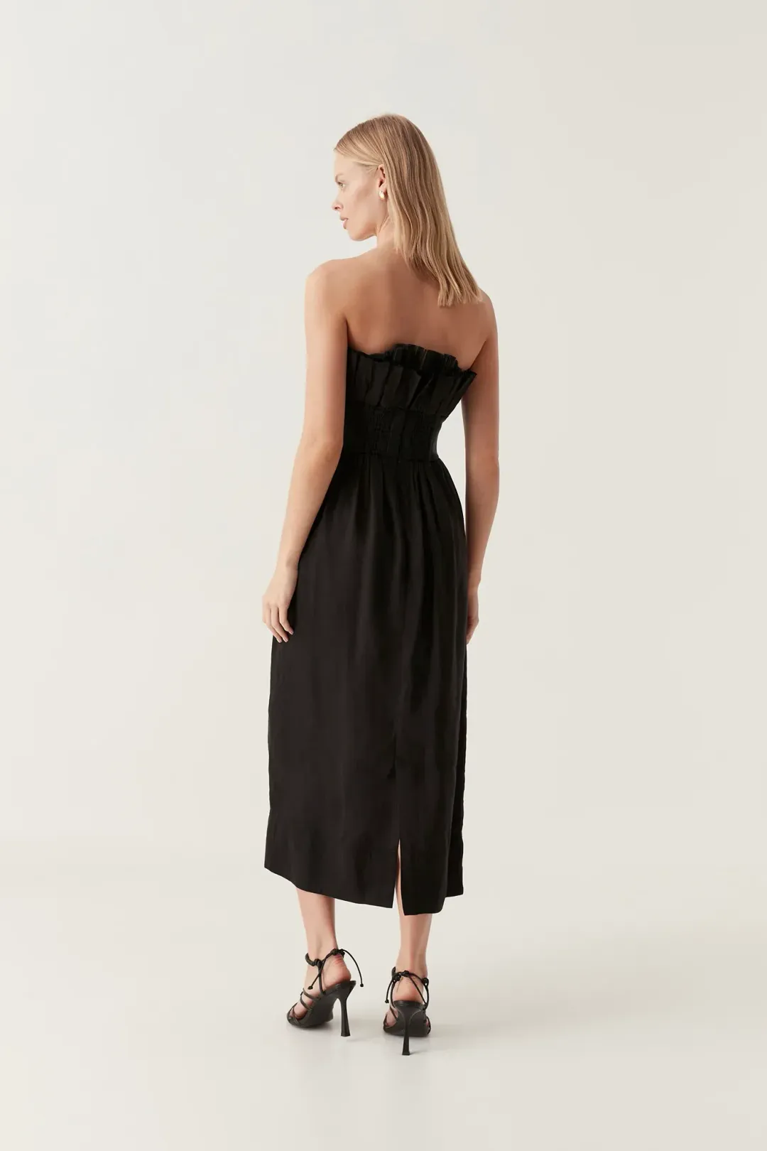 AJE Black Whisper Knot Strapless Ruffle Midi Dress AU 8 for rent on The Volte - main image