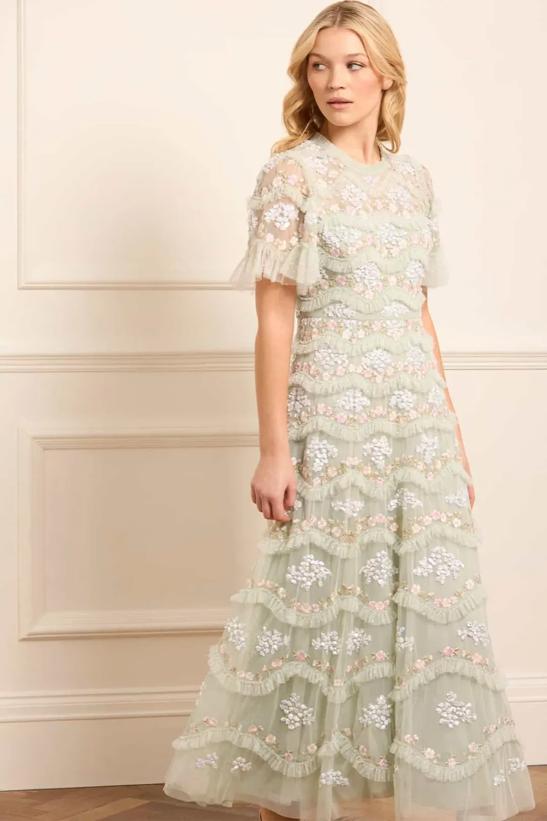 Needle & Thread Wave Ankle Gown Green Sequin Floral Daisy Size 10 for rent on The Volte - main image