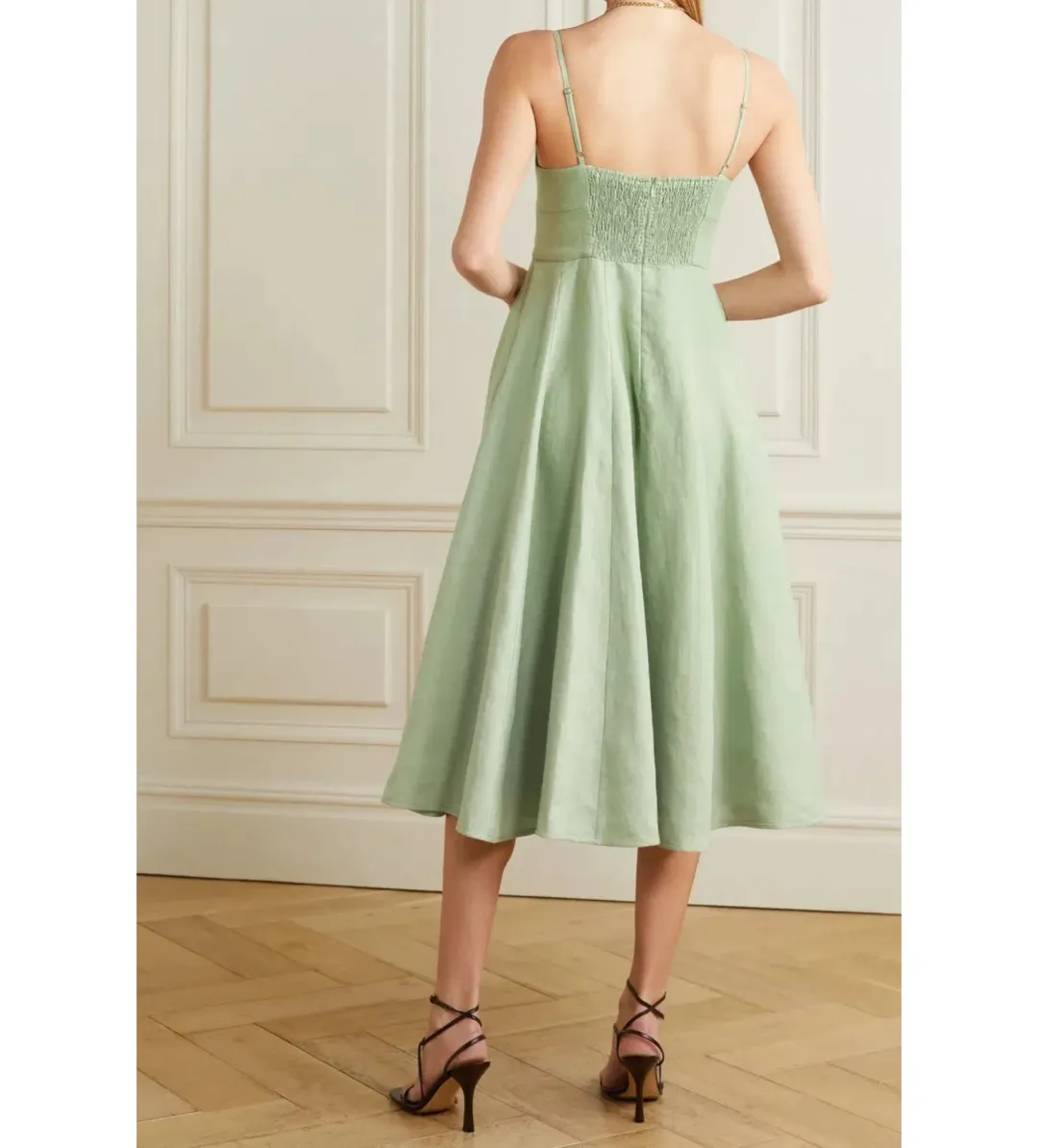 Zimmermann Dancer Picnic Shirred Linen Midi Dress Sage Size 3/AU 14 for rent on The Volte - main image
