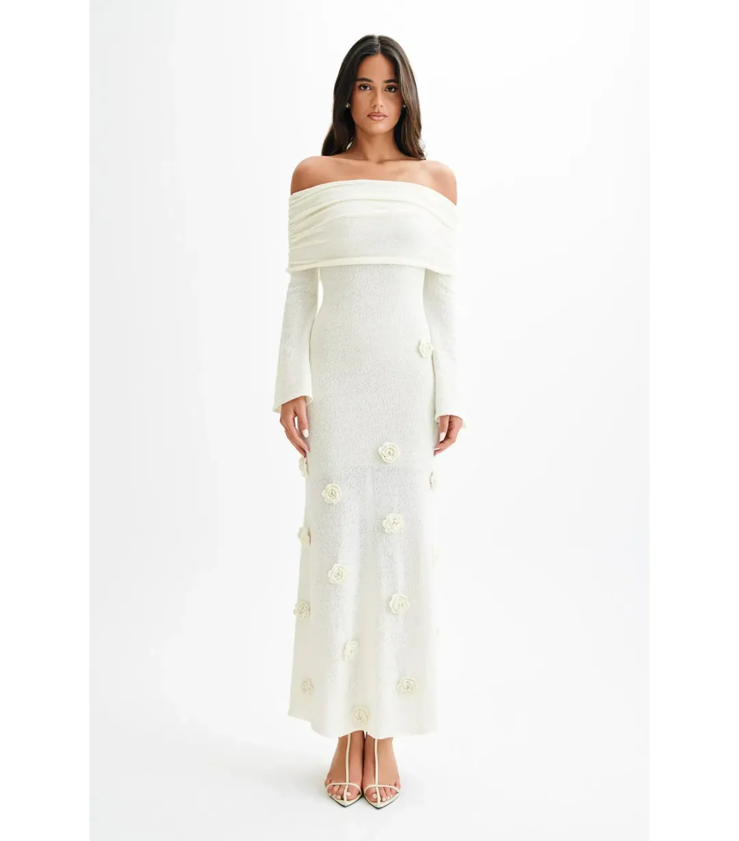 Meshki Kiki Off Shoulder Knit Rose Maxi Dress Ivory Size AU 14 for rent on The Volte - main image