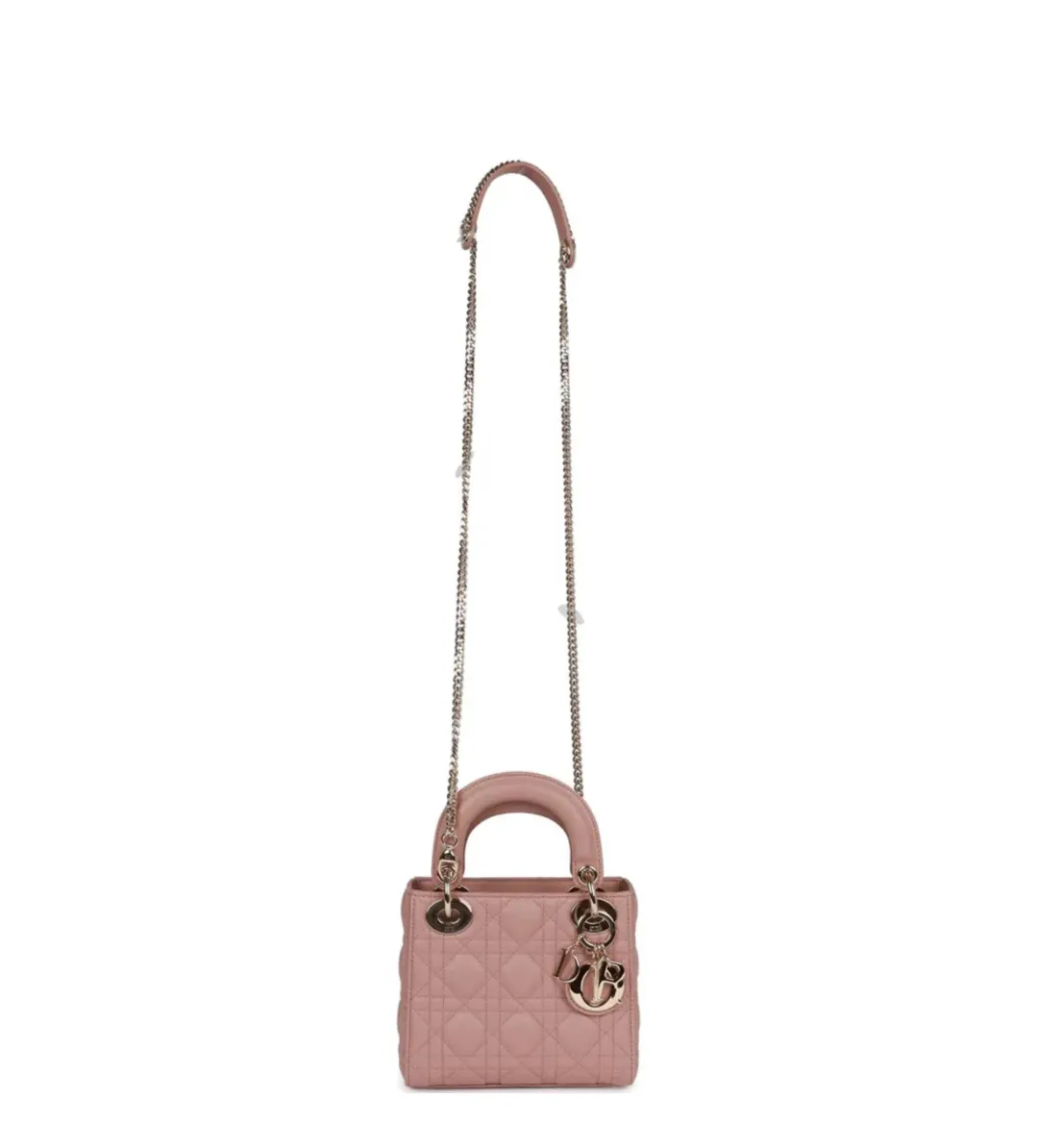 Christian Dior Mini Lady Bag Cannage Lambskin Light Gold Hardware in Blush for rent on The Volte - main image