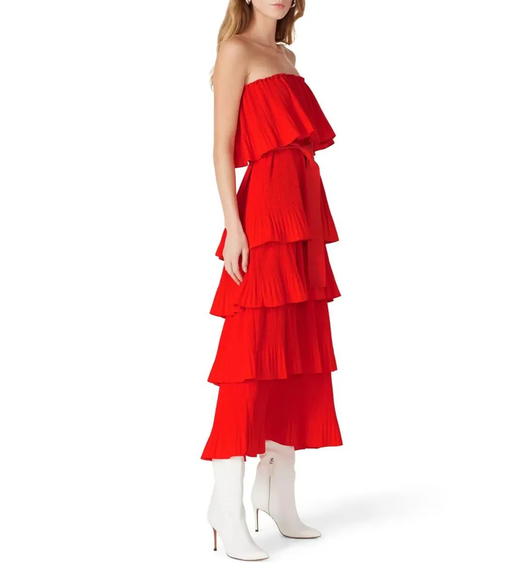 Essentiel Antwerp Valentina Ruffled Midi Dress Berry Red Size AU 10 for rent on The Volte - main image