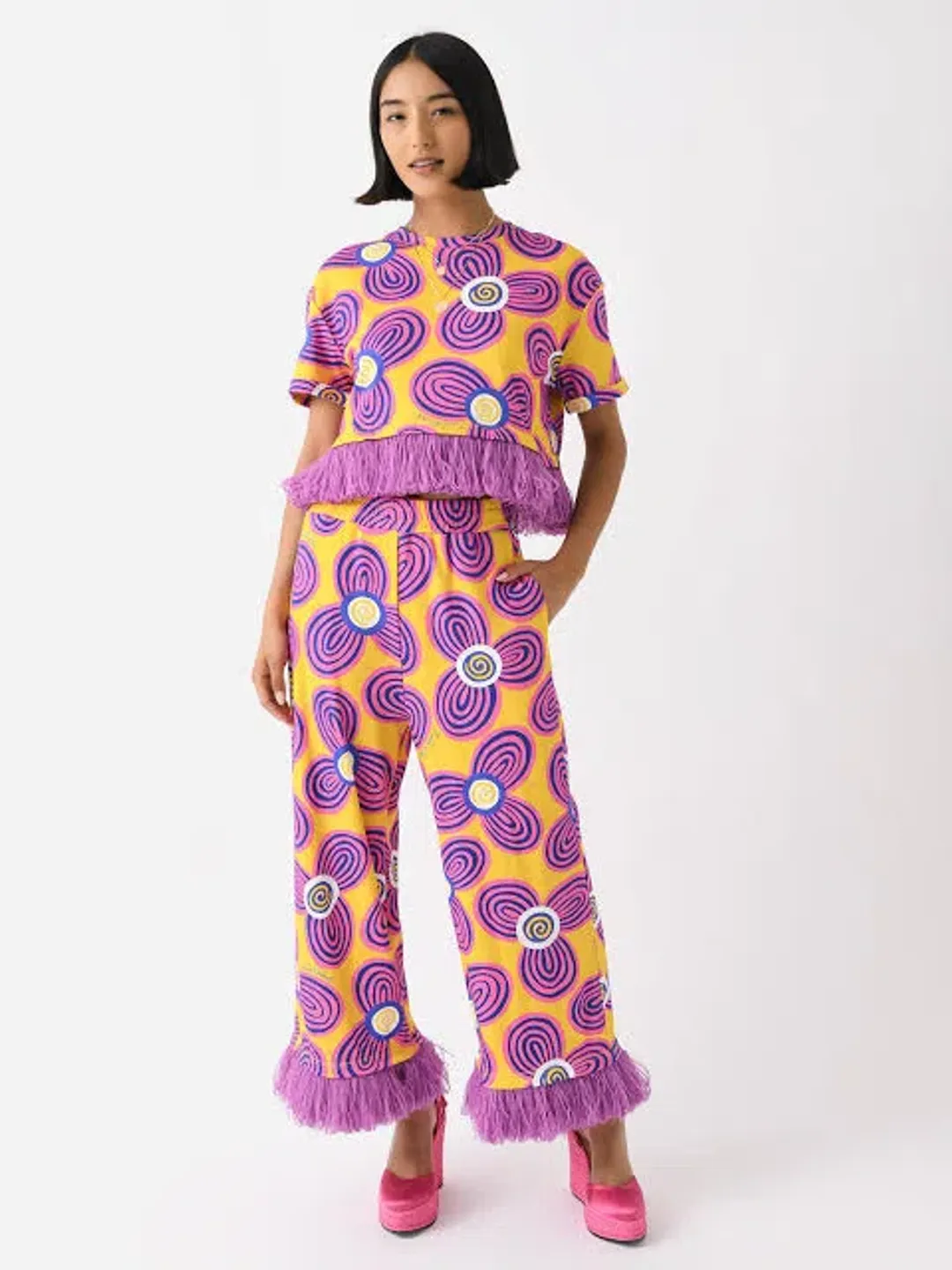 Celiab Clara Shirt And Pheobe Pant Yellow Purple Daisy Print Size 12 for rent on The Volte - main image