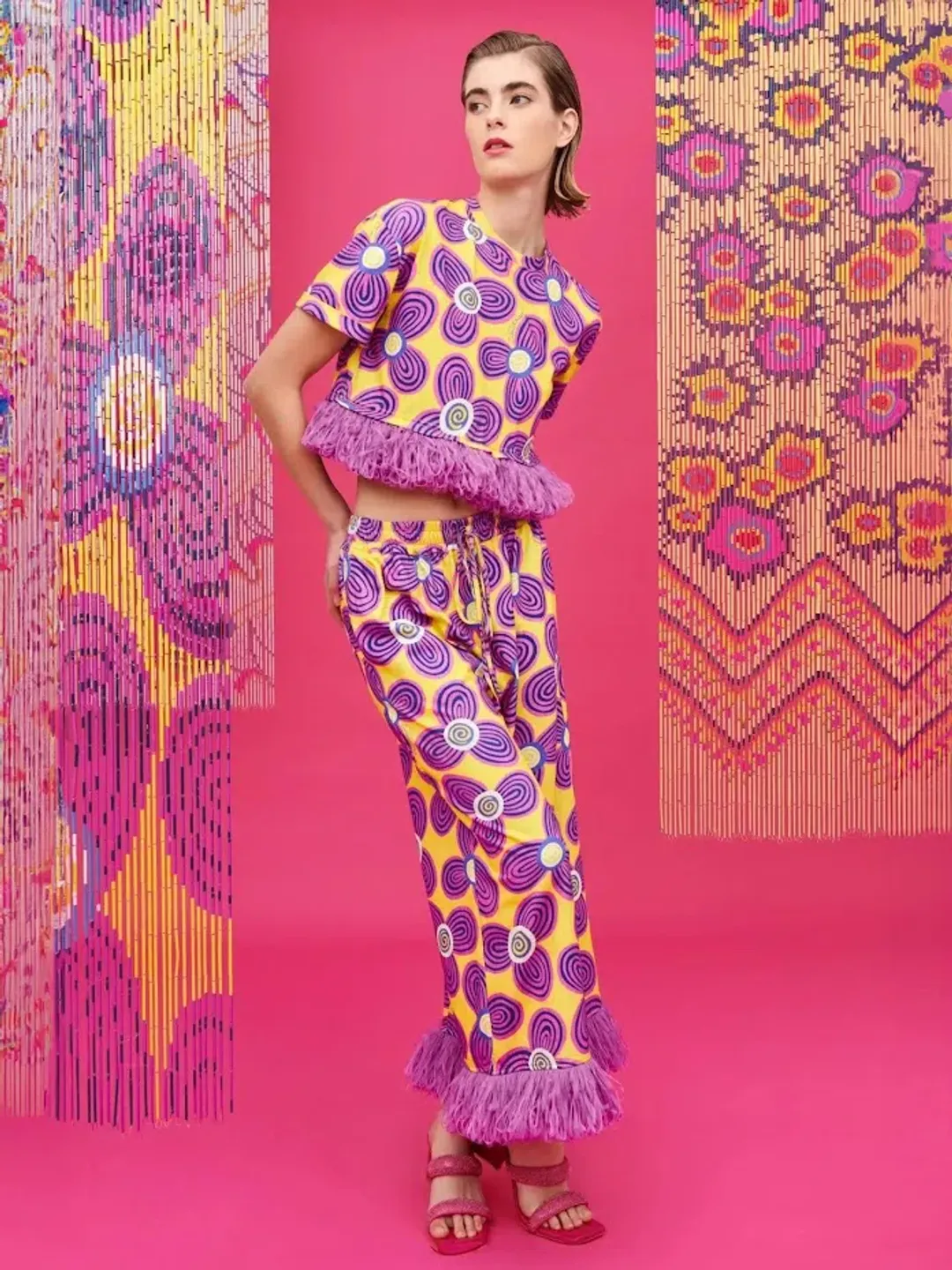 Celiab Clara Shirt And Pheobe Pant Yellow Purple Daisy Print Size 12 for rent on The Volte - main image