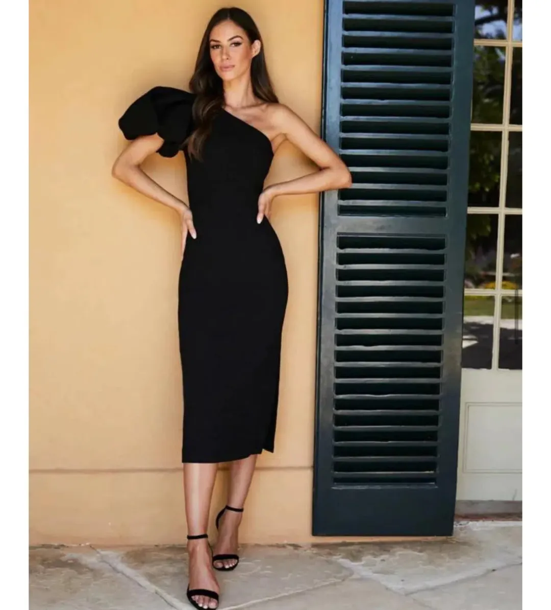 Rebecca Vallance Natalia One Sleeve Midi Dress Black Size AU 14 for rent on The Volte - main image