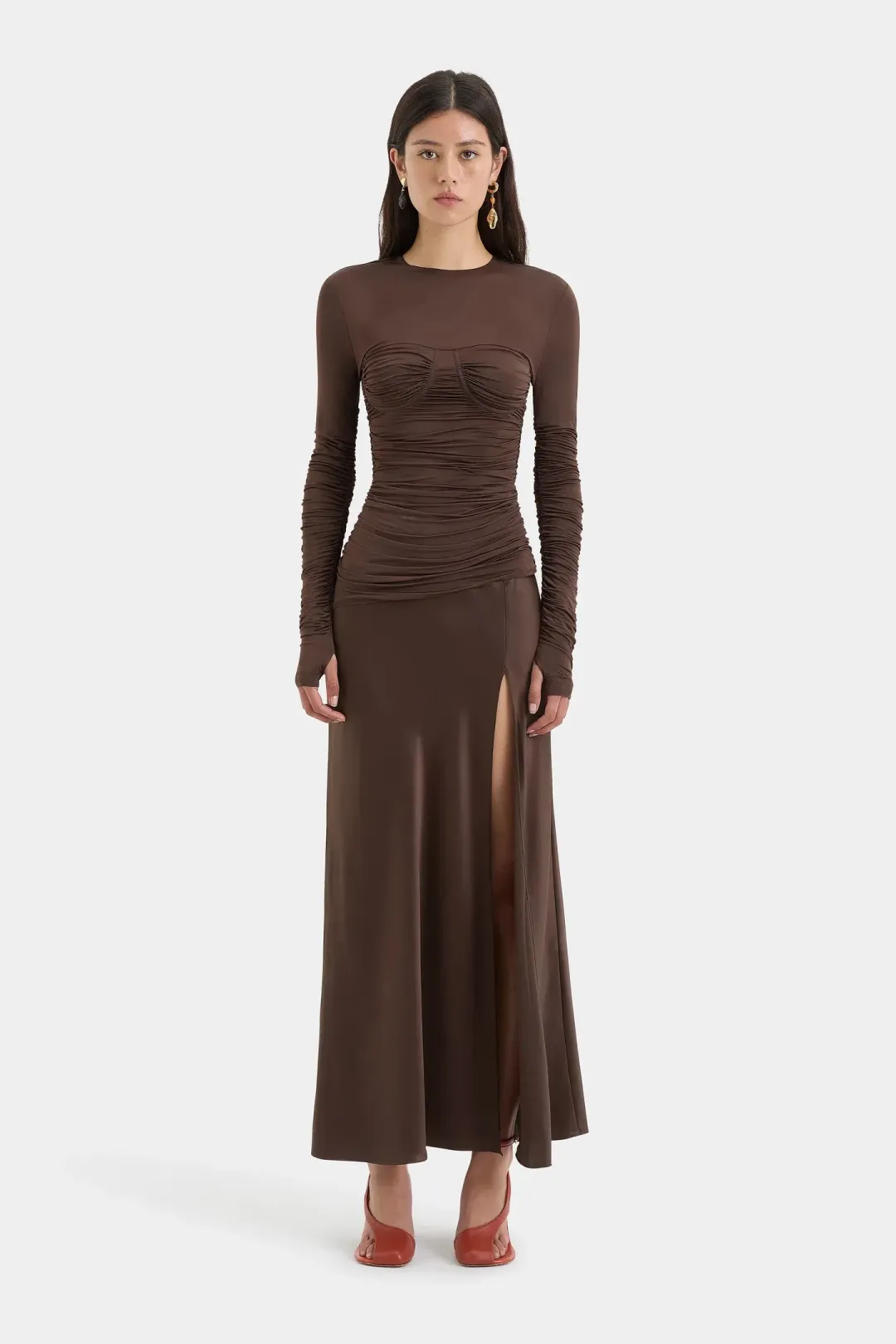 Sir Alessia Draped Jersey Satin Maxi Gown Brown Size 8  for rent on The Volte - main image
