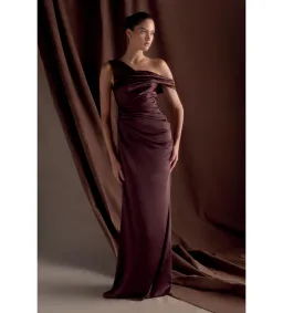 Meshki Dalia Off Shoulder Satin Dress Chocolate Brown Size 8 for rent on The Volte - image 1