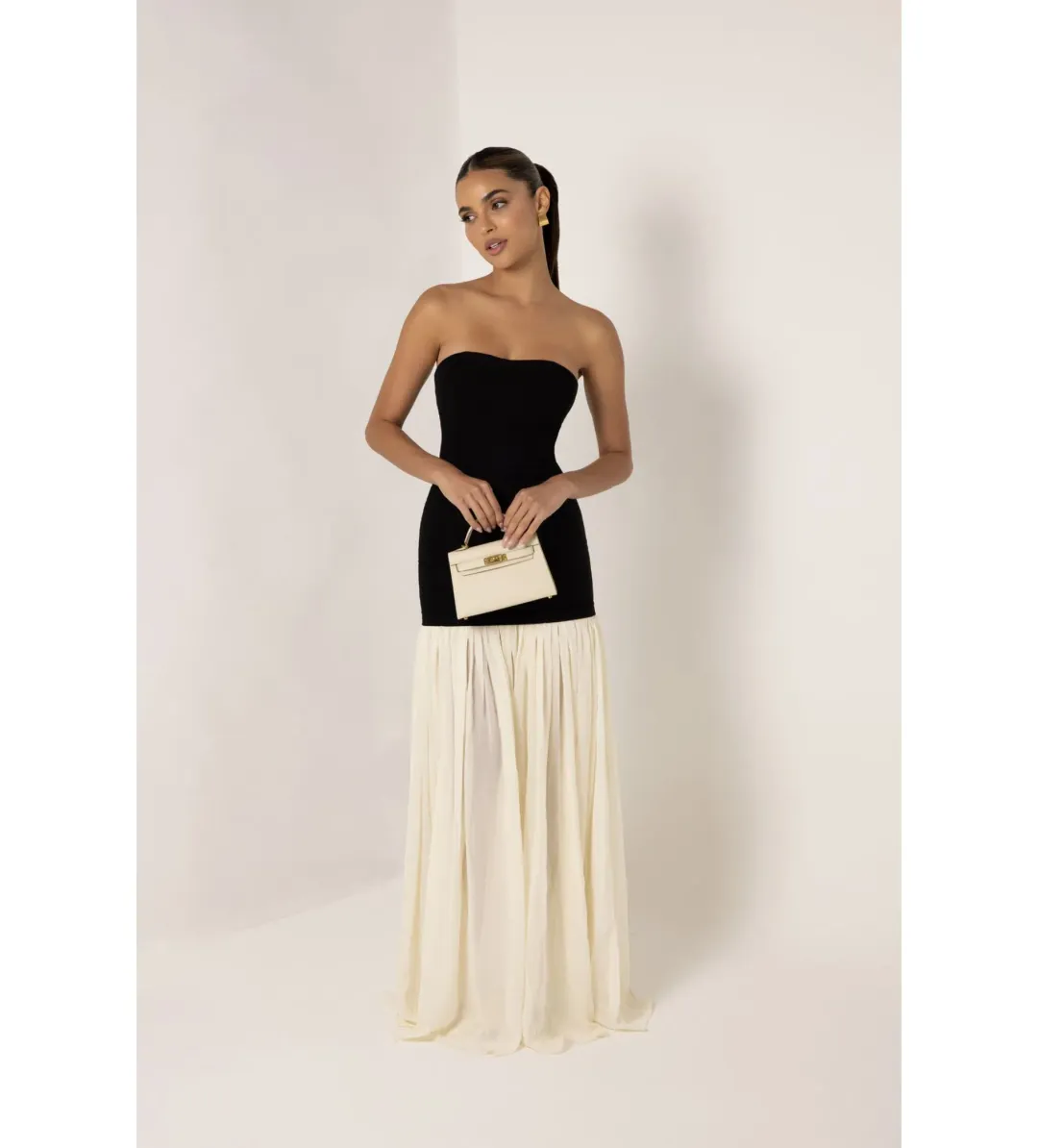 Heiress Beverly Hills Black Strapless Cream Chiffon Maxi Dress Multi Size XXS / AU 4 for rent on The Volte - main image