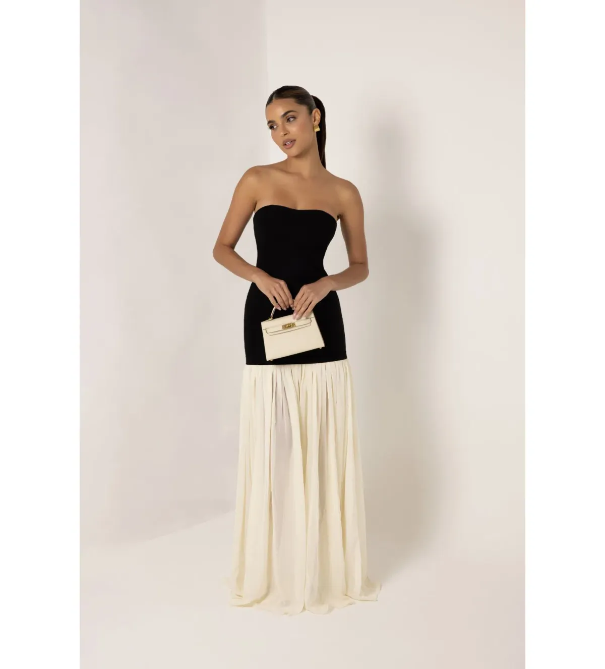 Heiress Beverly Hills Black Strapless Cream Chiffon Maxi Dress Multi Size XXS / AU 4 for rent on The Volte - main image