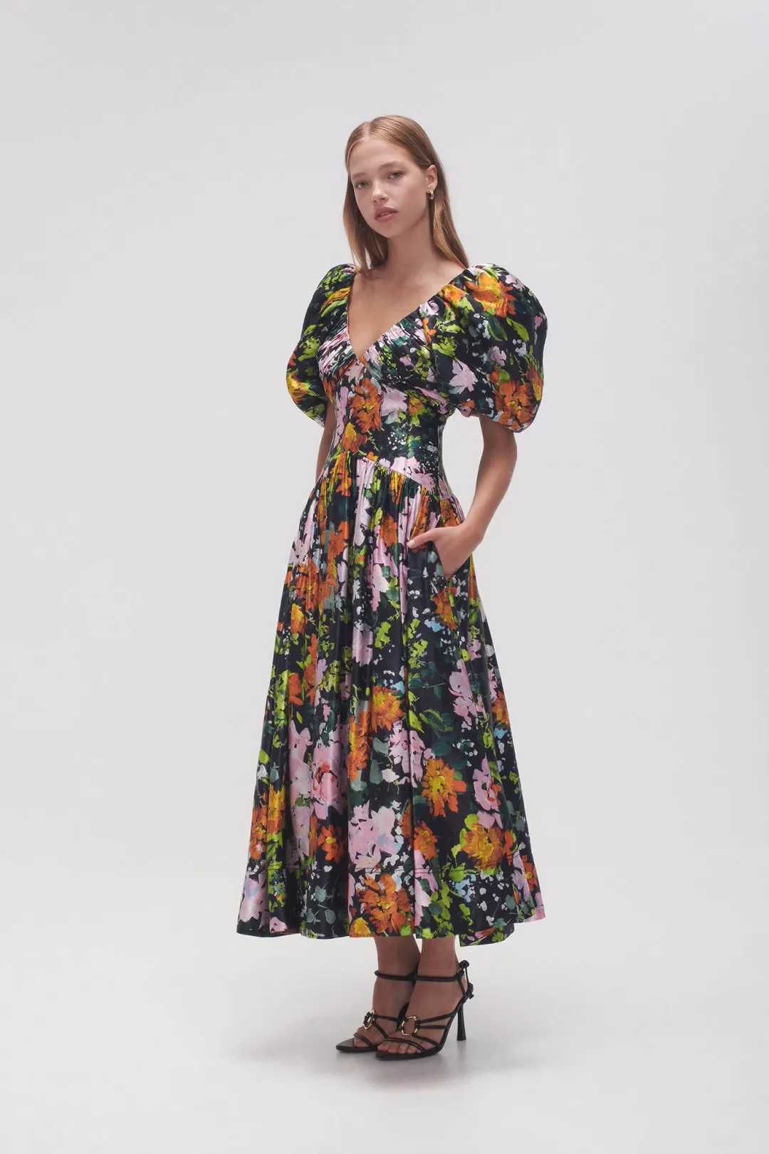 Aje Gabrielle Plunge Midi Dress Midnight Floral Size 8 for rent on The Volte - main image