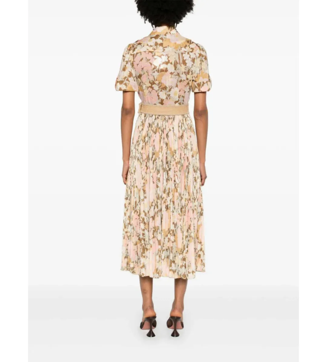 Zimmermann Pop Pleated Midi Shirtdress Gold/peach Floral Size 0 / AU  8 for rent on The Volte - main image