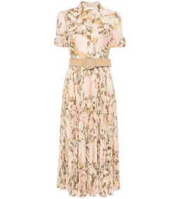 Zimmermann Pop Pleated Midi Shirtdress Gold/peach Floral Size 0 / AU  8 for rent on The Volte - image 3