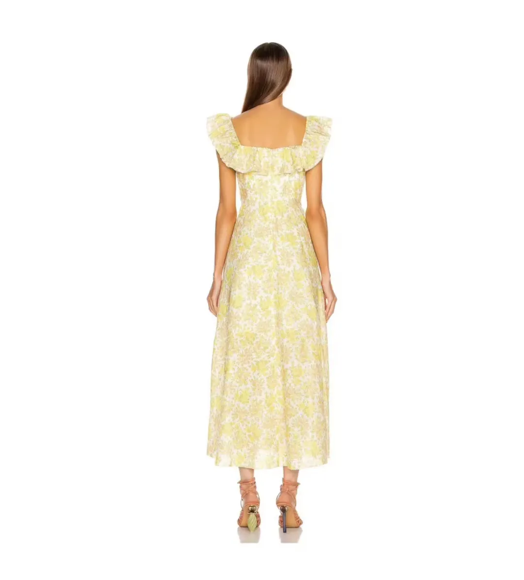 Zimmermann Goldie Ruffle Neck Midi Dress Yellow Floral Size 0 / AU 8 for rent on The Volte - main image