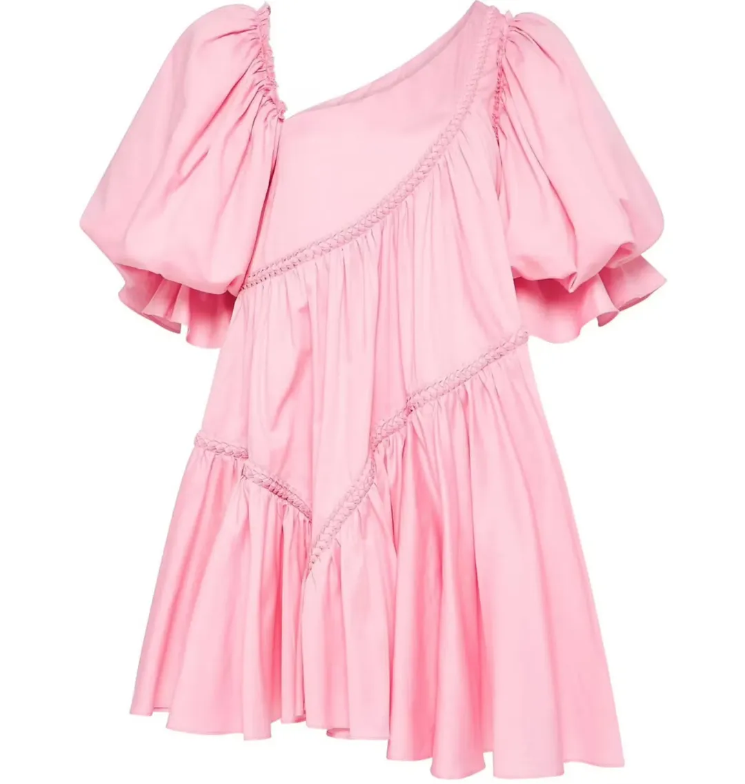 Aje Casabianca Braided Asymmetric Puff Sleeve Mini Dress Pink Size AU 10 for rent on The Volte - main image