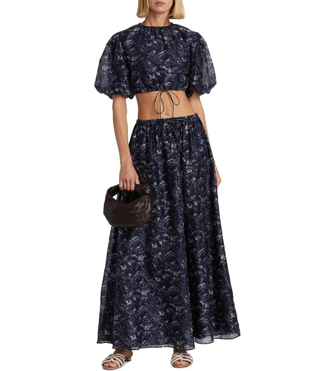Sir The Label Caprice Puff-Sleeve Cropped Top and Maxi Skirt Set Navy Floral Size 0/AU 6 for rent on The Volte - main image