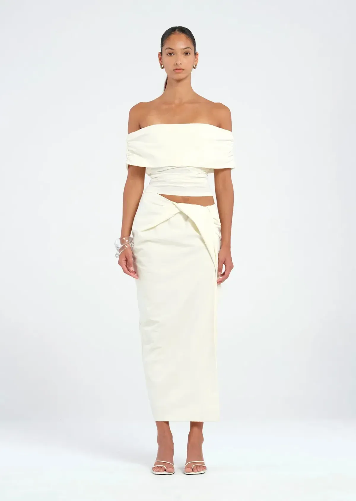 BENNI Rudi Off-Shoulder Top & Midi Skirt in cream Size 8 / AU 8 for rent on The Volte - main image