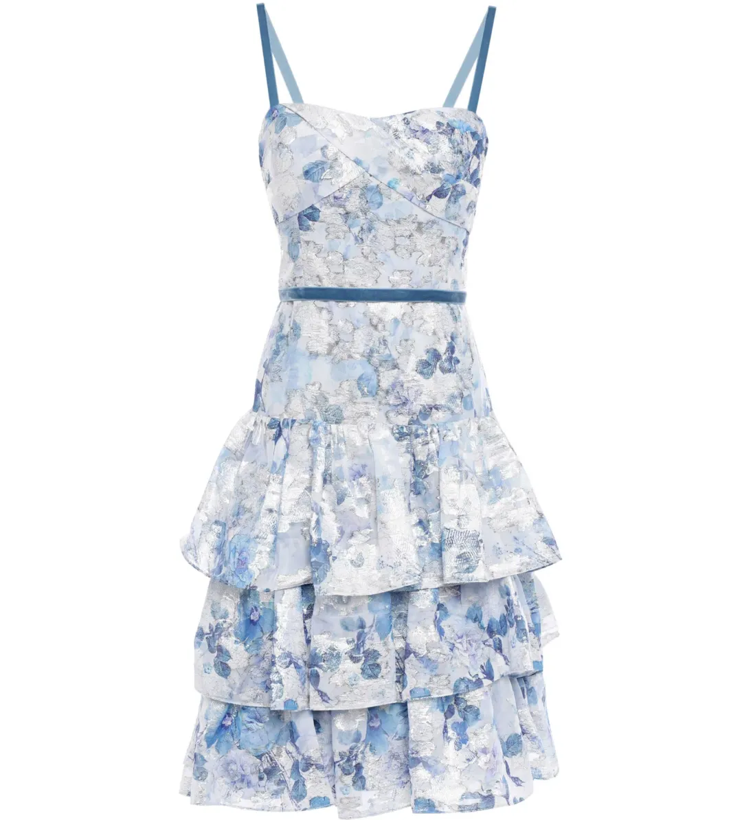Marchesa Notte Tiered Velvet-Trimmed Fil Coupé Organza Dress in Sky Blue Size 10 for rent on The Volte - main image