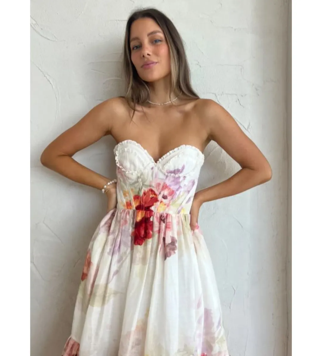 Leo Lin Rose Bustier Midi Dress Cascade Print Size AU 10 for rent on The Volte - main image