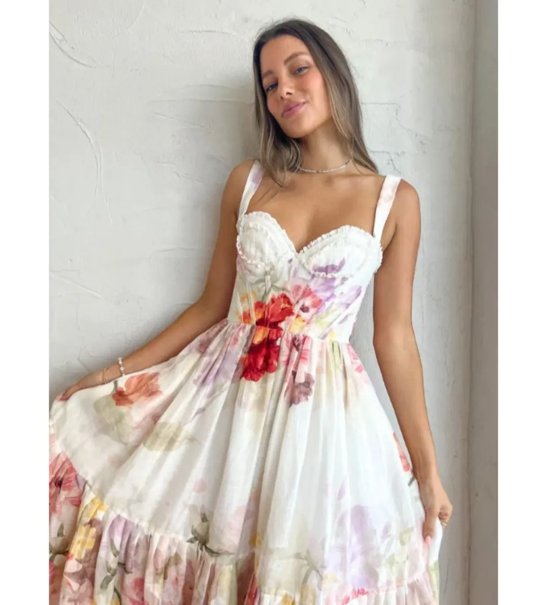 Leo Lin Rose Bustier Midi Dress Cascade Print Size AU 10 for rent on The Volte - main image