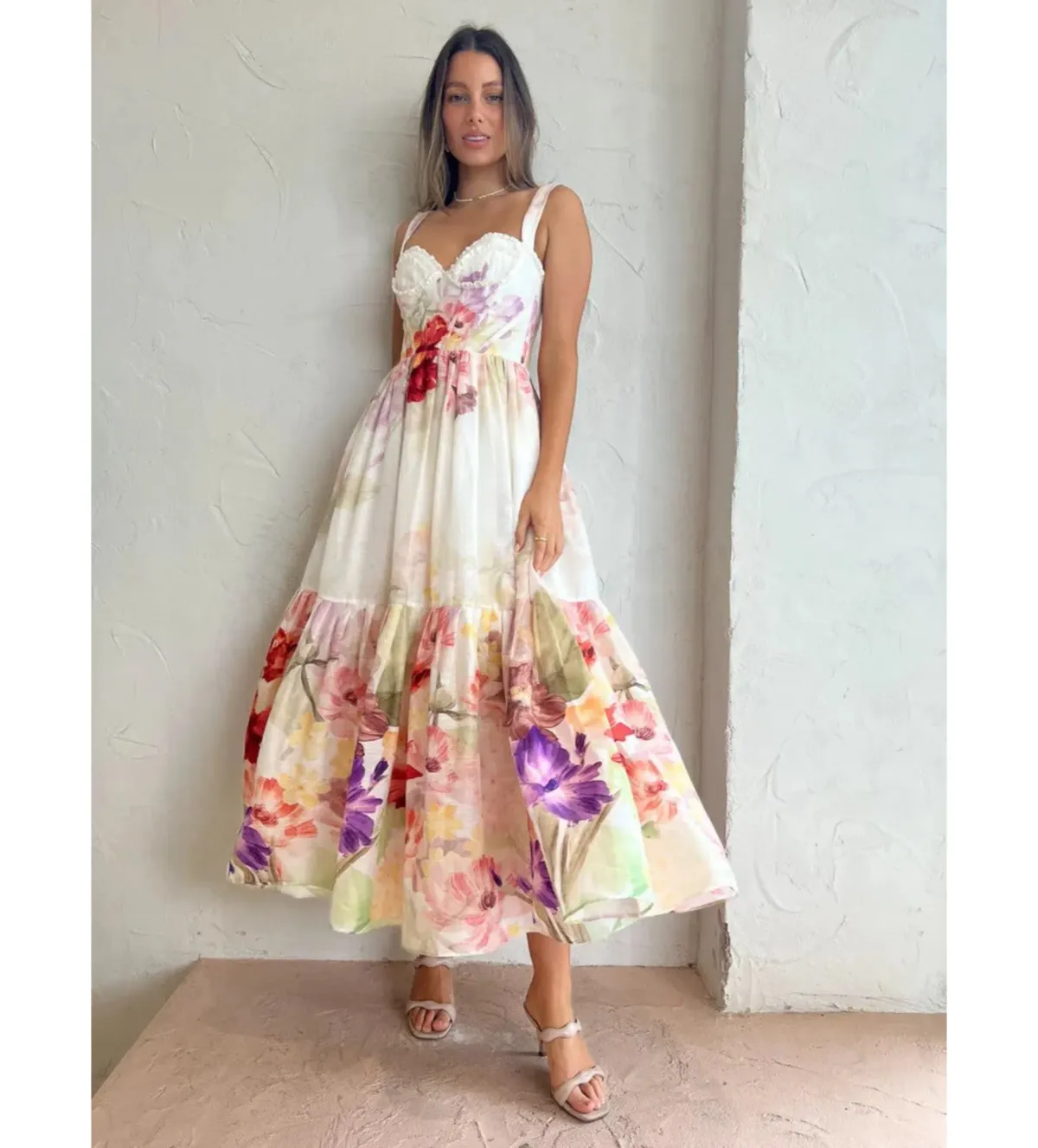 Leo Lin Rose Bustier Midi Dress Cascade Print Size AU 10 for rent on The Volte - main image