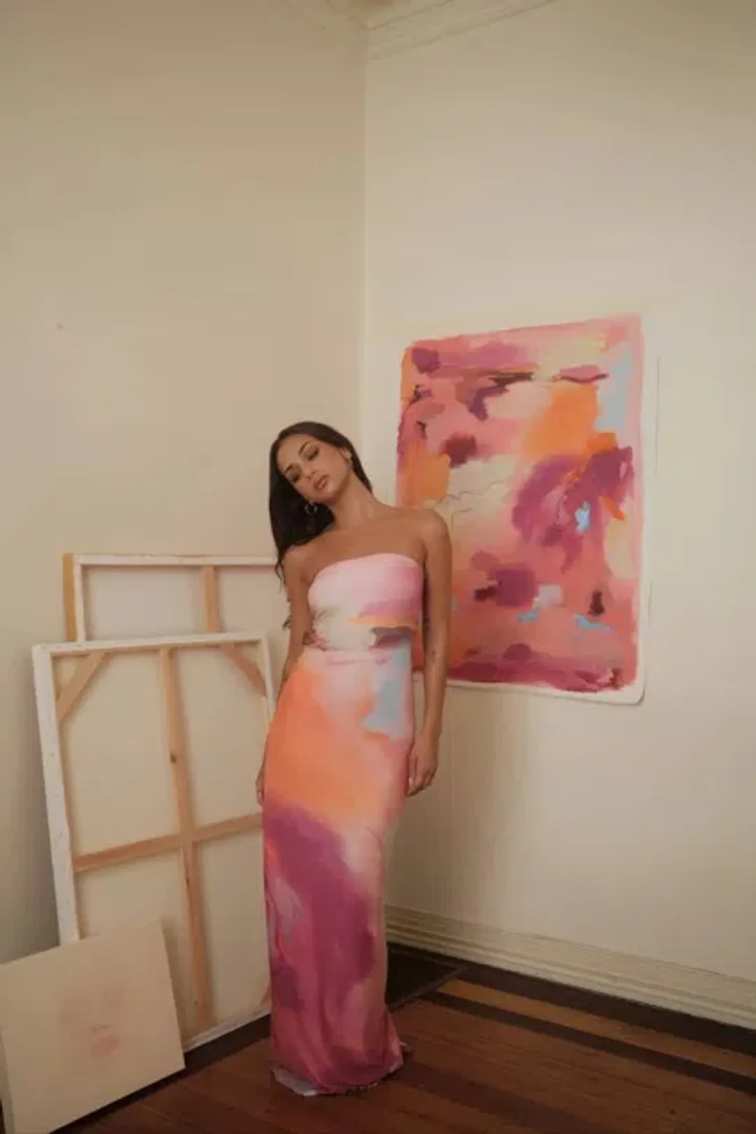 With Harper Lu Strapless Slip Maxi Dress Abstract Art Size M/AU 10 for rent on The Volte - main image