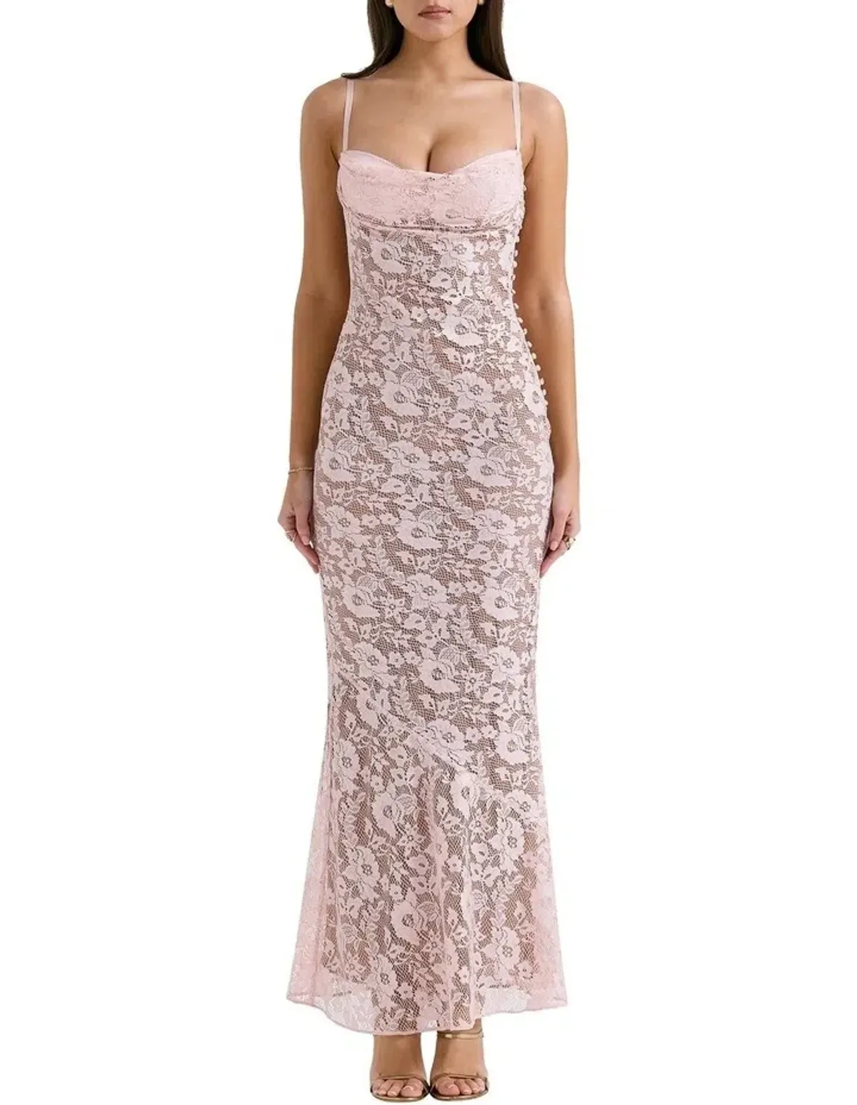 House of CB Azzurra Lace Godet Gown in Pink Size 8 for rent on The Volte - main image