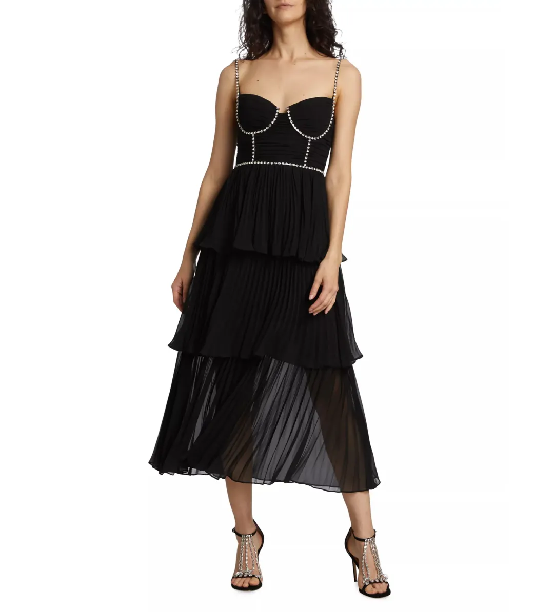 Self Portrait Chiffon Tiered Midi Dress in Black Size AU 10 for rent on The Volte - main image