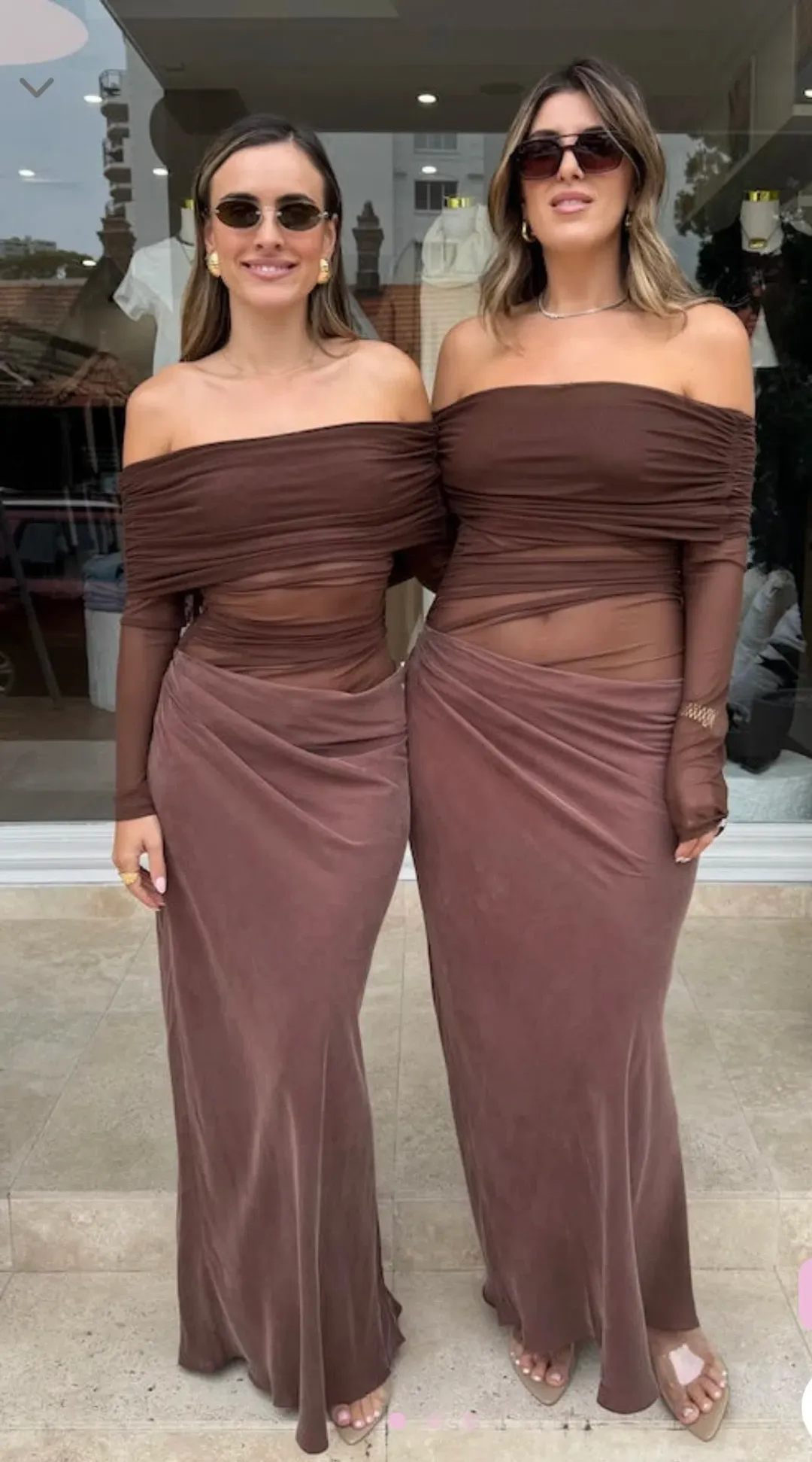 Benni - Yasmin off shoulder Maxi Dress in Chocolate - Size 8 for rent on The Volte - main image