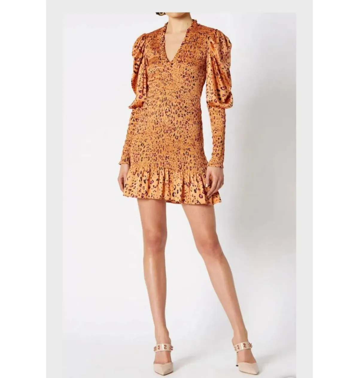 Scanlan Theodore Silk Leopard Shirred Mini Dress Brown Size AU 6 for rent on The Volte - main image