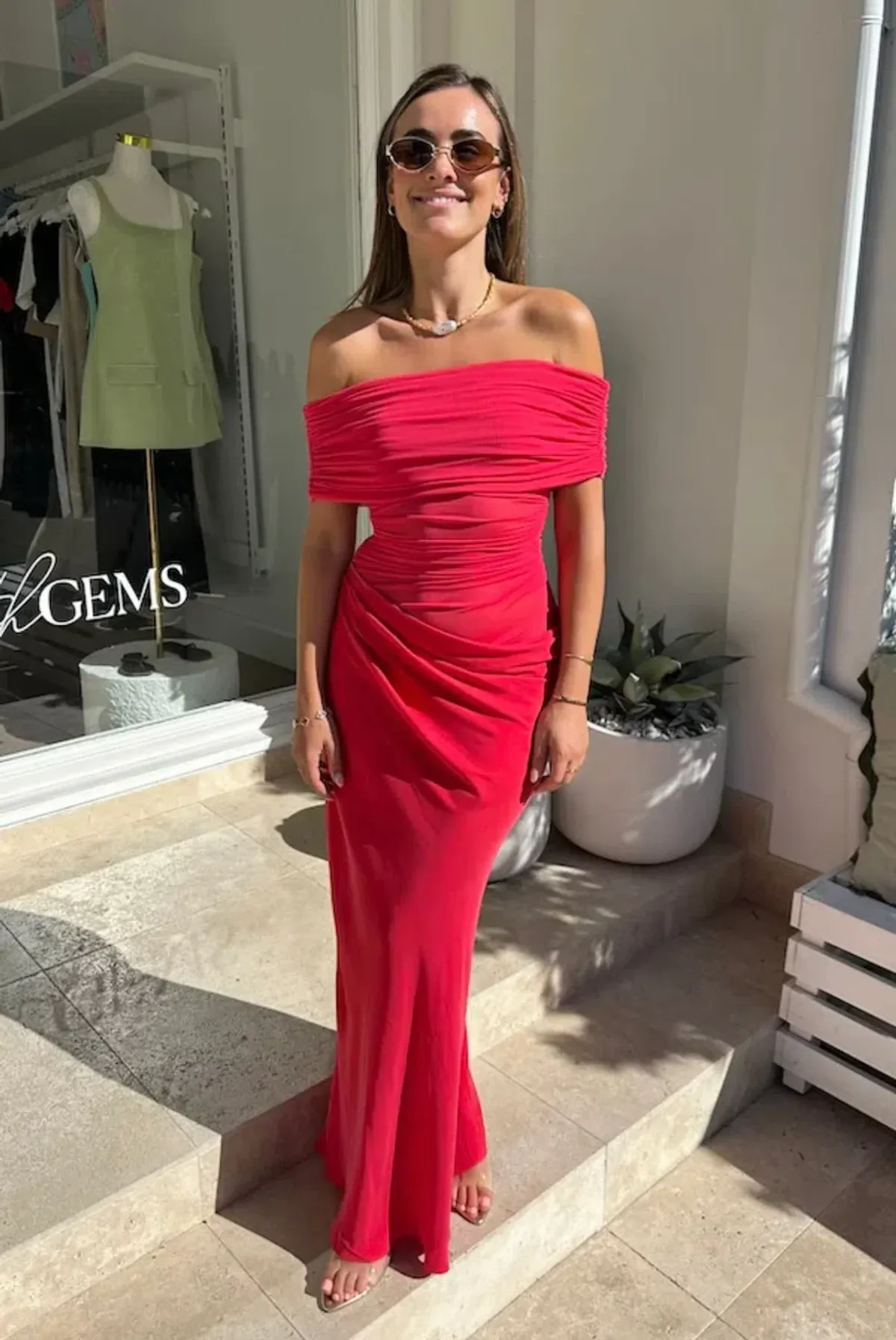 Benni Nico Off Shoulder Maxi Watermelon Size M/AU 10 for rent on The Volte - main image