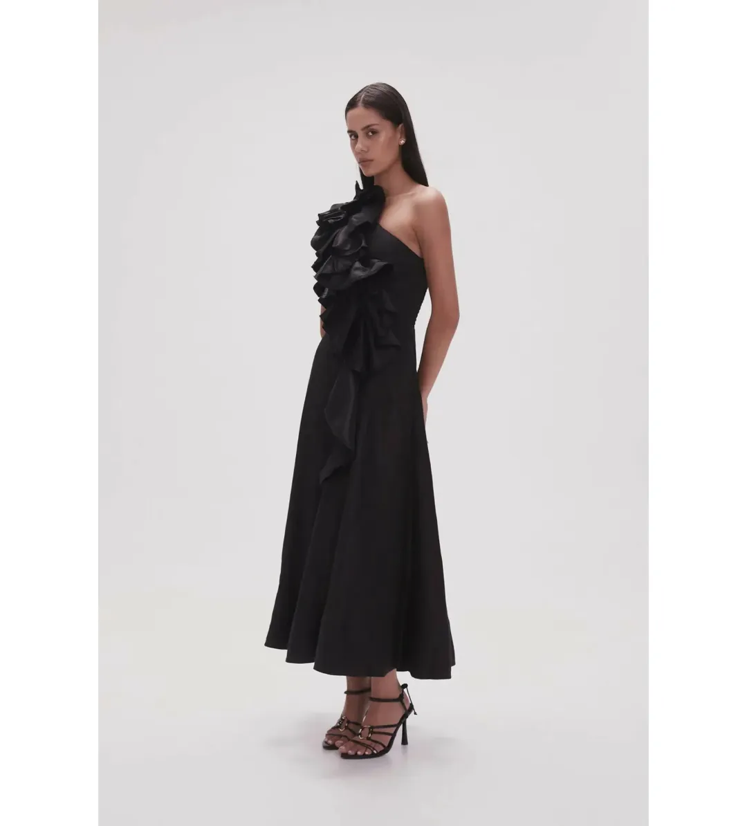 Aje Adelia Ruffle Midi Dress Black Size S/AU 8 for rent on The Volte - main image