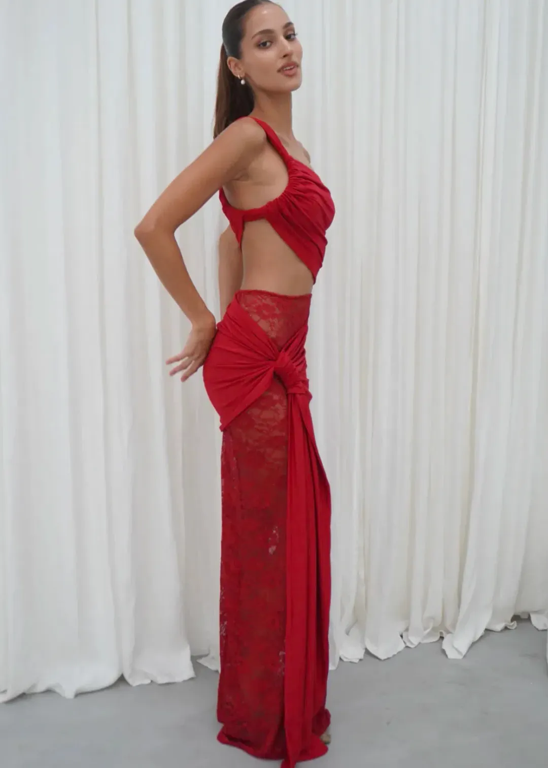Deconduarte RTW Berry Paradiso Red Lace Maxi Size 6 for rent on The Volte - main image
