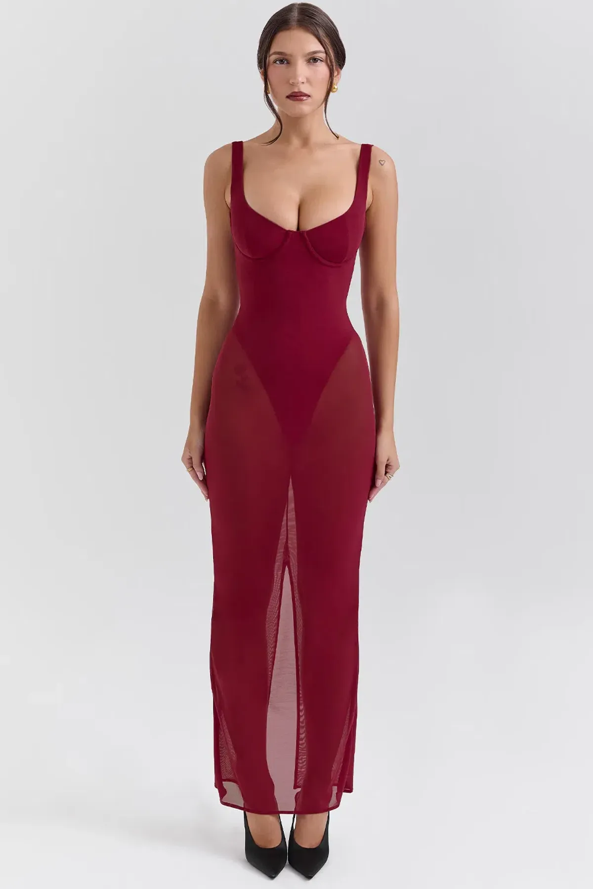 House of CB ROBINA Wine Stretch Mesh Maxi Dress in Burgundy  size AU 6 for rent on The Volte - main image