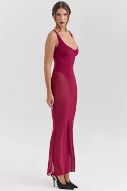 House of CB ROBINA Wine Stretch Mesh Maxi Dress in Burgundy  size AU 6 for rent on The Volte - image 4
