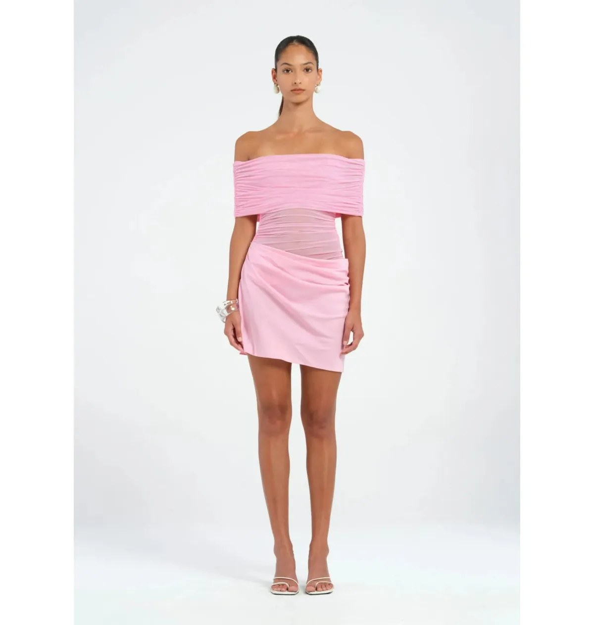 Benni  Nico Off Shoulder Mini Dress Buttergum Pink Size AU 8 for rent on The Volte - main image