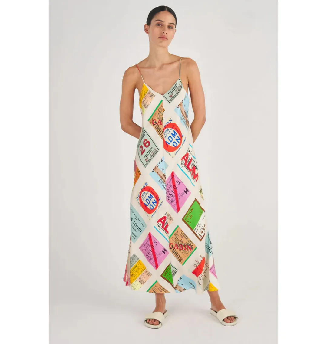 Oroton Ticket Print Slip Maxi Dress  Multi Size AU 14  for rent on The Volte - main image
