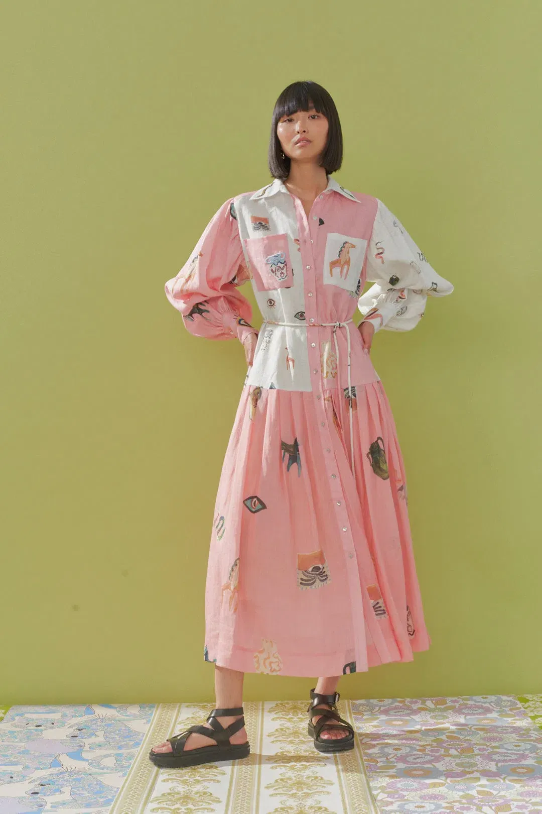 Alemais Cleo Patchwork Midi Shirtdress in Pink Multi Size 14 for rent on The Volte - main image