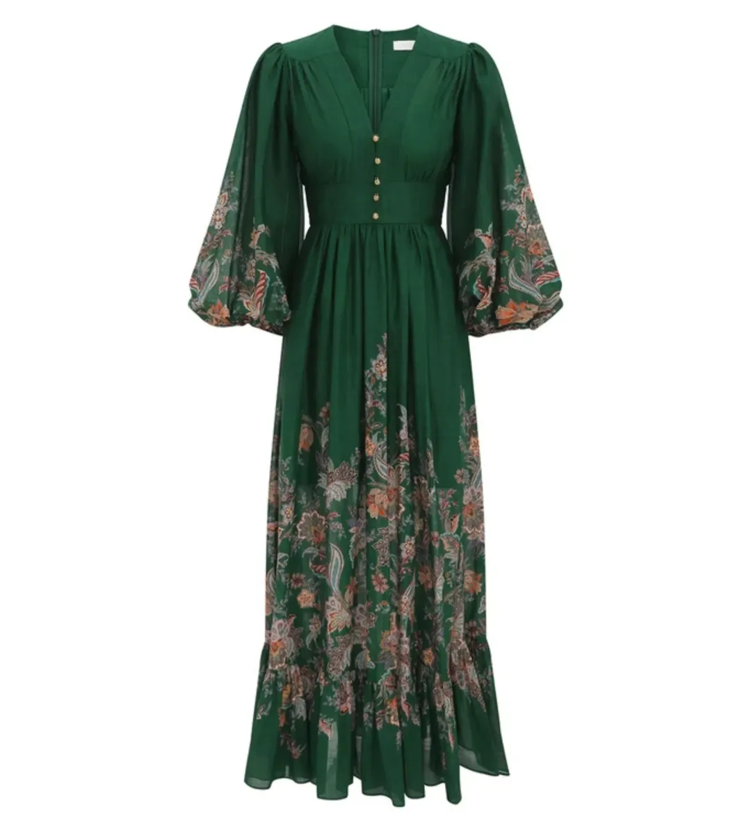 Zimmermann The Rhiannon Plunge Maxi Dress in Green Multi Paisley Size AU 12  for rent on The Volte - main image