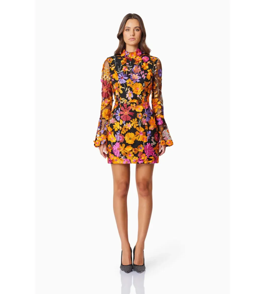 Elliatt Alessandra Floral Long Sleeve Mini Dress In Orange Size 12 for rent on The Volte - main image