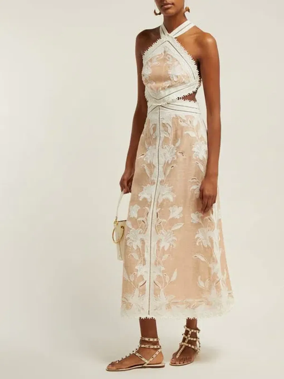 Zimmermann Corsage Lily Midi Halter Dress Cream/Nude Size 0 for rent on The Volte - main image