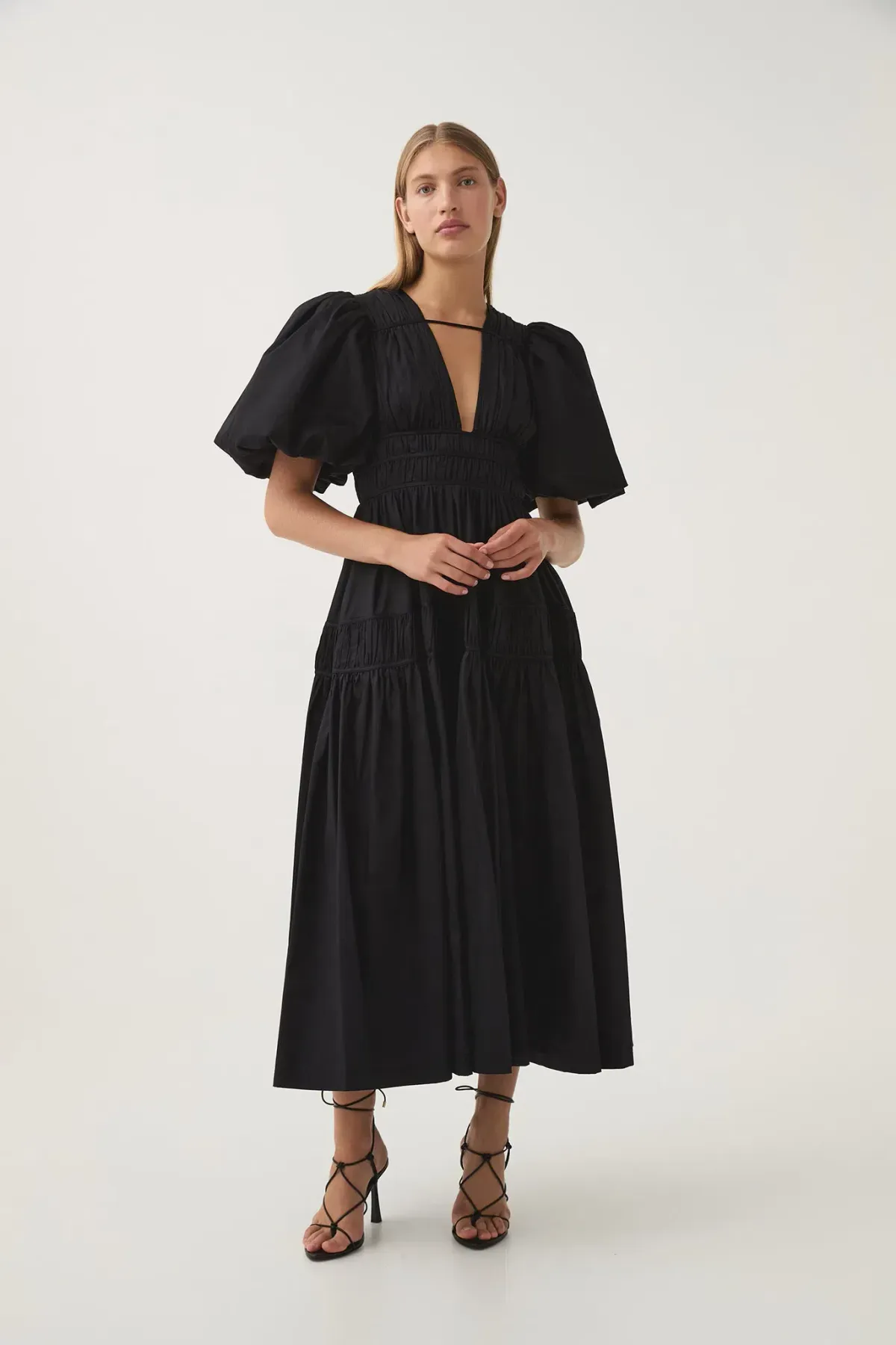 Aje Fallingwater Ruched Midi Dress Black Size 12 for rent on The Volte - main image